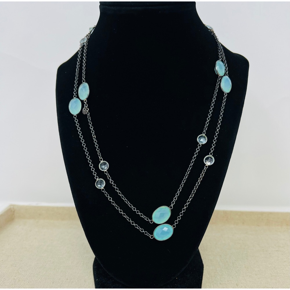 Sterling Silver Blue Chalcedony Station Long Layering Necklace